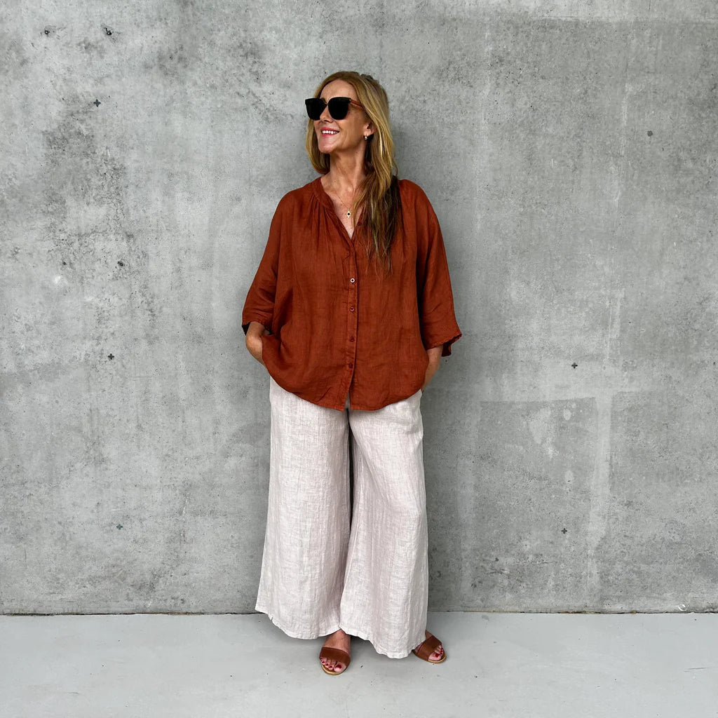 Montaigne Hepburn Linen Button Shirt Linen Etika Rust 