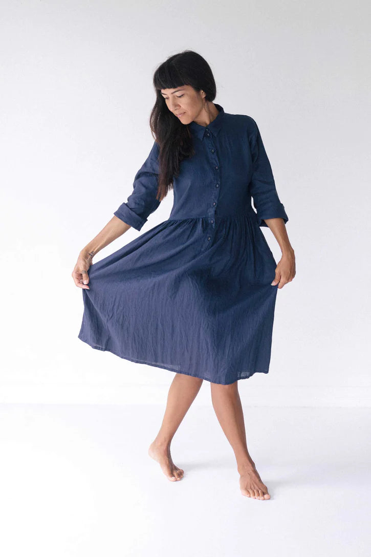 Becky Long Sleeve Linen Dress - Lazybones Italy Dress lazy bones Prussian Blue XS/S 